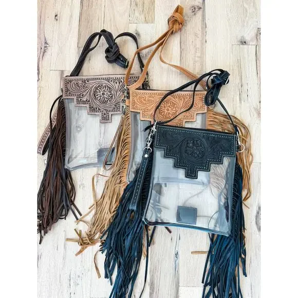 Shayne Large Hand Tooled Fringe Clear Crossbody Stadium Bag - Picture 2 of 6
